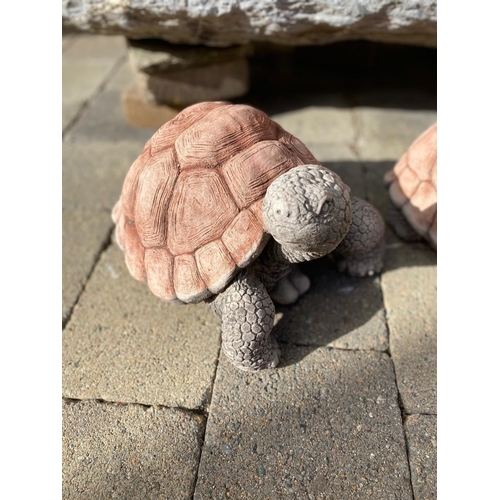 208 - A VERY SWEET PAIR OF GARDEN ORNAMENTS IN THE FORM OF TWO TORTOISES, with rounded brown coloured shel... 