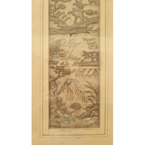 215 - AN ANTIQUE FRAMED CHINESE EMBROIDERY PANEL, showing figures within a river landscape, one upon a boa... 