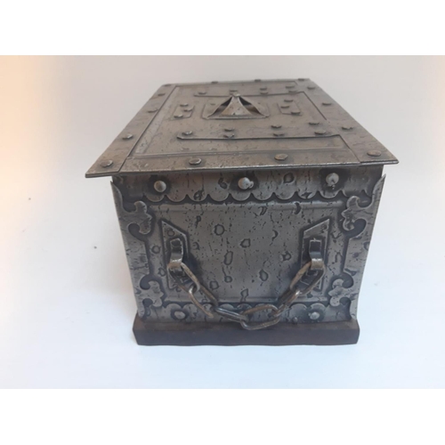 216 - A VINTAGE GOTHIC STRONG BOX, made from metal on a wooden base, nice decorative piece, 30 x 20 x 16cm... 