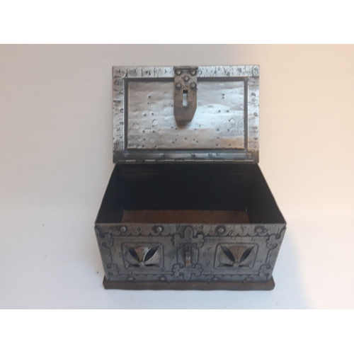 216 - A VINTAGE GOTHIC STRONG BOX, made from metal on a wooden base, nice decorative piece, 30 x 20 x 16cm... 