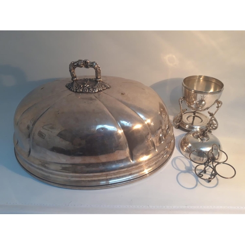 227 - A LARGE VICTORIAN SILVER PLATED DISH DOM, 47cm long, along with a Victorian silver plated egg boiler... 