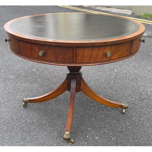 23 - A VERY GOOD QUALITY IRISH MAHOGANY REVOLVING ‘RENT’ TABLE, with tooled leather inset to the top, fou... 