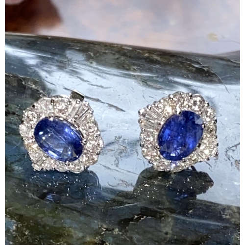 24 - A BEAUTIFUL PAIR OF 18CT WHITE GOLD ART DECO INSPIRED SAPPHIRE & DIAMOND EARRINGS, each with a centr... 