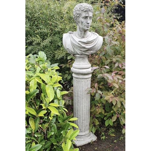 245 - A GARDEN ORNAMENT IN THE FORM OF A BUST OF MARC ANTHONY UPON A COLUMN BASE, 
5 feet tall approximate... 