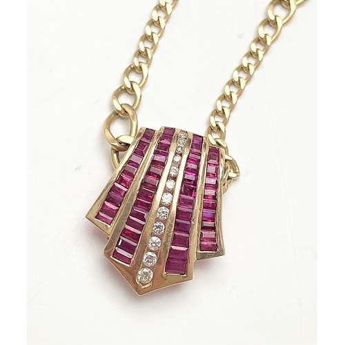 29 - AN INCREDIBLE 14CT SOLID GOLD RUBY & DIAMOND STATEMENT PENDANT & CHAIN, the pendant is made up of ba... 