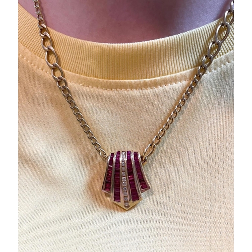 29 - AN INCREDIBLE 14CT SOLID GOLD RUBY & DIAMOND STATEMENT PENDANT & CHAIN, the pendant is made up of ba... 