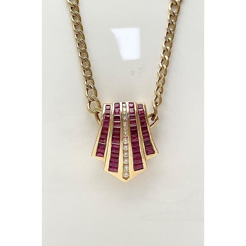 29 - AN INCREDIBLE 14CT SOLID GOLD RUBY & DIAMOND STATEMENT PENDANT & CHAIN, the pendant is made up of ba... 