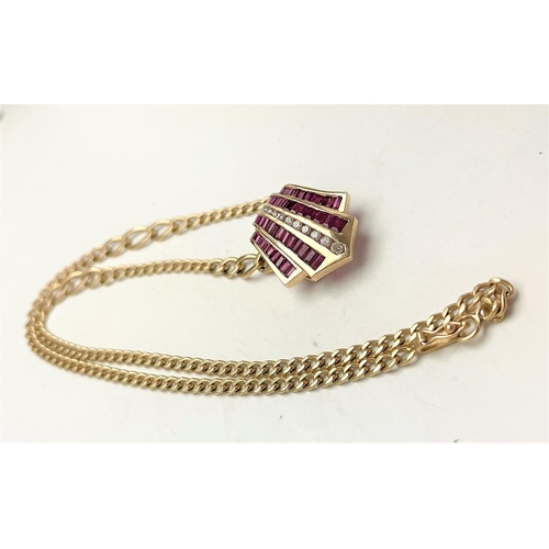 29 - AN INCREDIBLE 14CT SOLID GOLD RUBY & DIAMOND STATEMENT PENDANT & CHAIN, the pendant is made up of ba... 