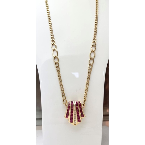 29 - AN INCREDIBLE 14CT SOLID GOLD RUBY & DIAMOND STATEMENT PENDANT & CHAIN, the pendant is made up of ba... 