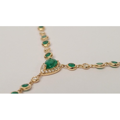 3 - A FANTASTIC CUSTOM MADE 14CT YELLOW GOLD EMERALD & DIAMOND NECKLACE, with natural fine emeralds and ... 