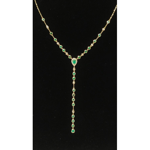 3 - A FANTASTIC CUSTOM MADE 14CT YELLOW GOLD EMERALD & DIAMOND NECKLACE, with natural fine emeralds and ... 