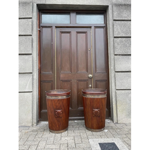 34 - A VERY FINE PAIR OF IRISH MAHOGANY BRASS BOUND PEAT BUCKETS, each with liner & typical Irish design ... 