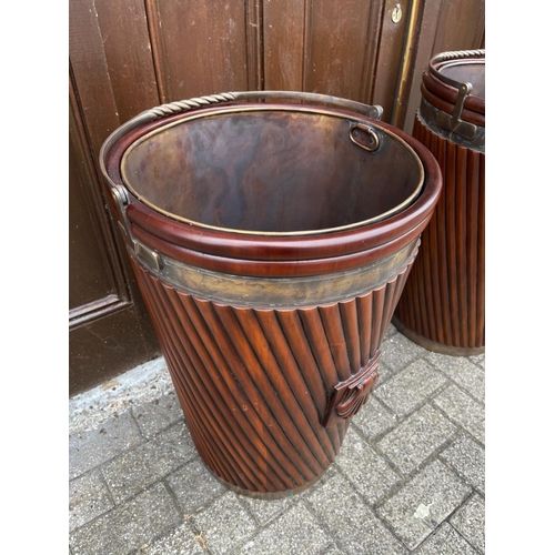 34 - A VERY FINE PAIR OF IRISH MAHOGANY BRASS BOUND PEAT BUCKETS, each with liner & typical Irish design ... 