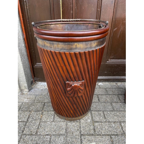 34 - A VERY FINE PAIR OF IRISH MAHOGANY BRASS BOUND PEAT BUCKETS, each with liner & typical Irish design ... 