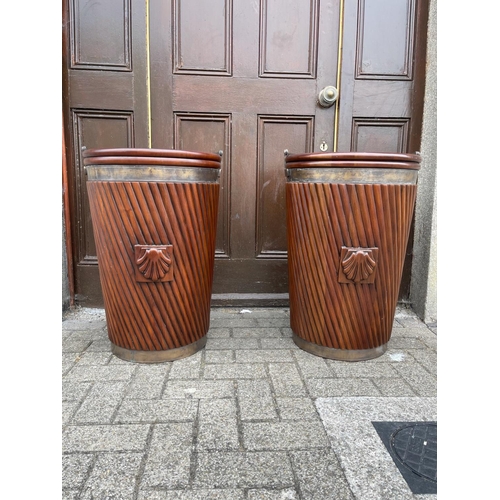 34 - A VERY FINE PAIR OF IRISH MAHOGANY BRASS BOUND PEAT BUCKETS, each with liner & typical Irish design ... 