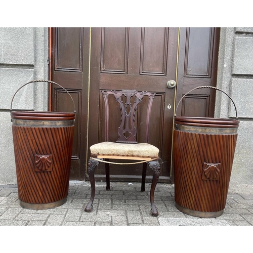 34 - A VERY FINE PAIR OF IRISH MAHOGANY BRASS BOUND PEAT BUCKETS, each with liner & typical Irish design ... 