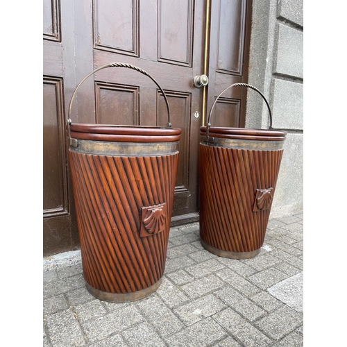 34 - A VERY FINE PAIR OF IRISH MAHOGANY BRASS BOUND PEAT BUCKETS, each with liner & typical Irish design ... 