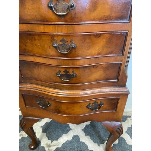 38 - A NEATLY SIZED MAHOGANY CHEST ON STAND, with an arrangement of 3 drawers to the top section; which h... 