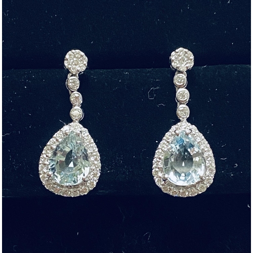 4 - A VERY PRETTY PAIR OF 18CT WHITE GOLD PEAR SHAPED AQUAMARINE & DIAMOND DROP EARRINGS, the aquamarine... 