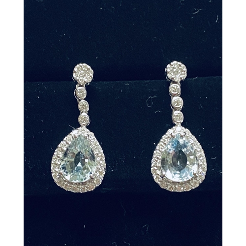 4 - A VERY PRETTY PAIR OF 18CT WHITE GOLD PEAR SHAPED AQUAMARINE & DIAMOND DROP EARRINGS, the aquamarine... 