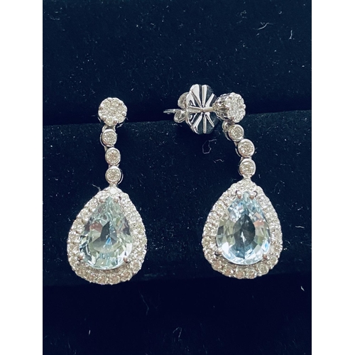 4 - A VERY PRETTY PAIR OF 18CT WHITE GOLD PEAR SHAPED AQUAMARINE & DIAMOND DROP EARRINGS, the aquamarine... 