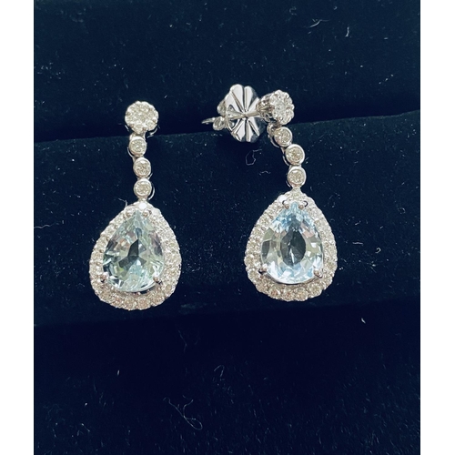 4 - A VERY PRETTY PAIR OF 18CT WHITE GOLD PEAR SHAPED AQUAMARINE & DIAMOND DROP EARRINGS, the aquamarine... 