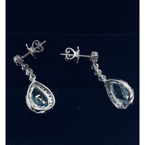 4 - A VERY PRETTY PAIR OF 18CT WHITE GOLD PEAR SHAPED AQUAMARINE & DIAMOND DROP EARRINGS, the aquamarine... 