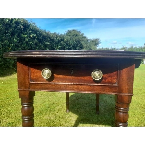 49 - A VERY GOOD QUALITY IRISH MAHOGANY DROP LEAF PEMBROKE TABLE, with oval shape to the top when leaves ... 