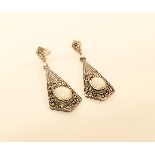 54 - A LOVELY PAIR OF ART DECO STYLE STERLING SILVER, OPAL & MARCASITE DROP EARRINGS, with 925 mark to th... 