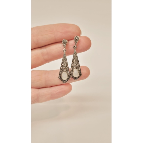 54 - A LOVELY PAIR OF ART DECO STYLE STERLING SILVER, OPAL & MARCASITE DROP EARRINGS, with 925 mark to th... 