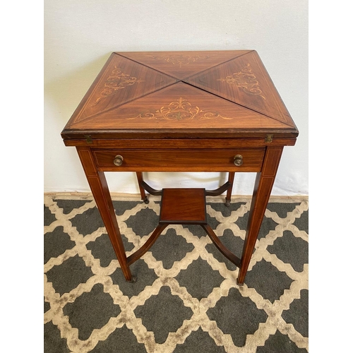 57 - A FINE ROSEWOOD INLAID ENVELOPE CARD TABLE, with decorative inlaid detail to the four envelope leave... 