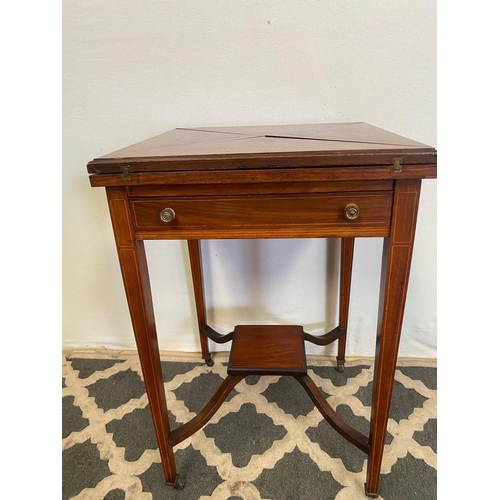 57 - A FINE ROSEWOOD INLAID ENVELOPE CARD TABLE, with decorative inlaid detail to the four envelope leave... 