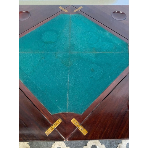 57 - A FINE ROSEWOOD INLAID ENVELOPE CARD TABLE, with decorative inlaid detail to the four envelope leave... 