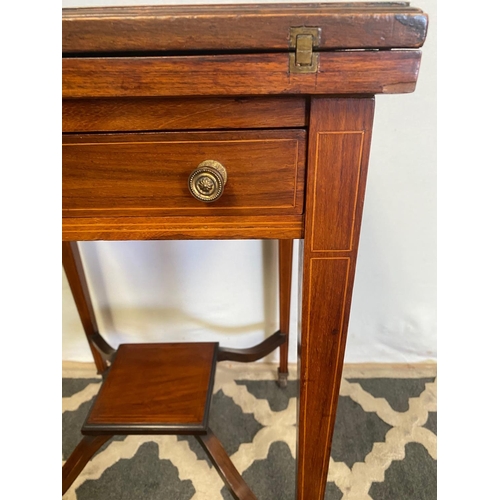 57 - A FINE ROSEWOOD INLAID ENVELOPE CARD TABLE, with decorative inlaid detail to the four envelope leave... 