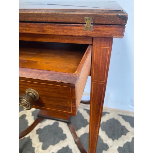 57 - A FINE ROSEWOOD INLAID ENVELOPE CARD TABLE, with decorative inlaid detail to the four envelope leave... 