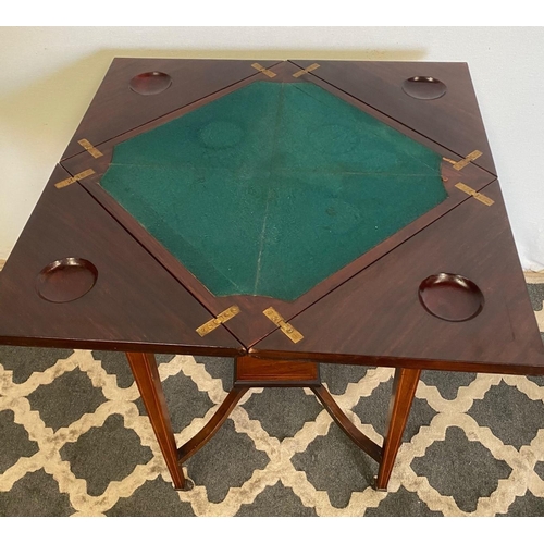 57 - A FINE ROSEWOOD INLAID ENVELOPE CARD TABLE, with decorative inlaid detail to the four envelope leave... 