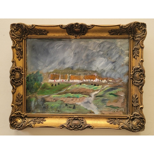 73 - TERRY DELANEY, COTTAGES IN THE STORM, oil on canvas board, signed lower right, inscribed, signed and... 