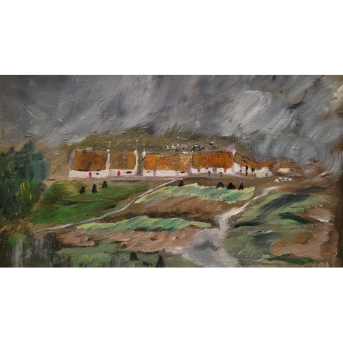 73 - TERRY DELANEY, COTTAGES IN THE STORM, oil on canvas board, signed lower right, inscribed, signed and... 