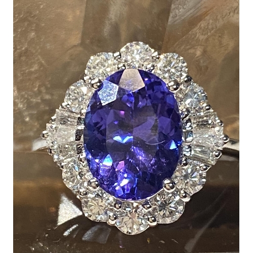 8 - A GORGEOUS ART DECO INSPIRED 18CT WHITE GOLD TANZANITE & DIAMOND RING, a cluster ring, with a large ... 