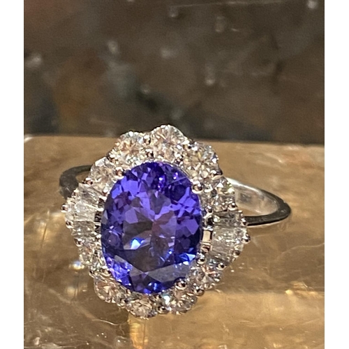 8 - A GORGEOUS ART DECO INSPIRED 18CT WHITE GOLD TANZANITE & DIAMOND RING, a cluster ring, with a large ... 