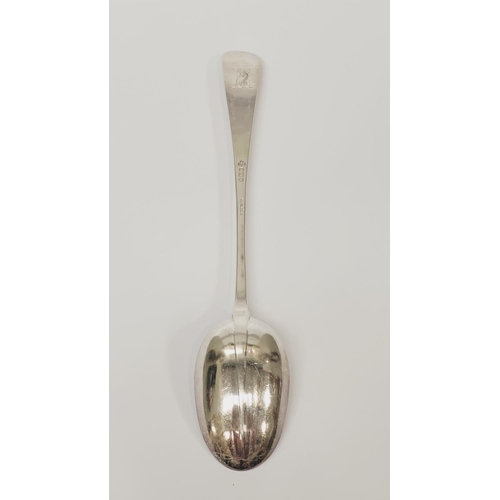 83 - A VERY LARGE EARLY 20TH CENTURY SILVER RATS TAIL SERVING SPOON, with good clear hallmarks; Sheffield... 