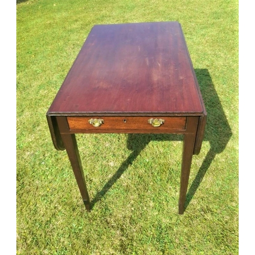 105 - A GOOD QUALITY MAHOGANY DROP LEAF PEMBROKE TABLE, with a single drawer to one end having brass swing... 