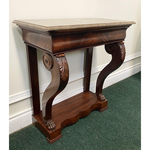 136 - A NEATLY SIZED 19TH CENTURY MAHOGANY MARBLE TOPPED CONSOLE TABLE, the marble top sits upon a mahogan... 