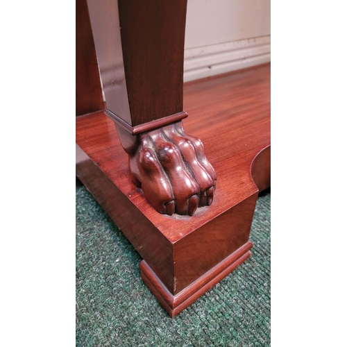 136 - A NEATLY SIZED 19TH CENTURY MAHOGANY MARBLE TOPPED CONSOLE TABLE, the marble top sits upon a mahogan... 