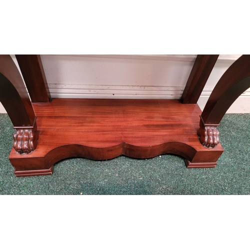 136 - A NEATLY SIZED 19TH CENTURY MAHOGANY MARBLE TOPPED CONSOLE TABLE, the marble top sits upon a mahogan... 