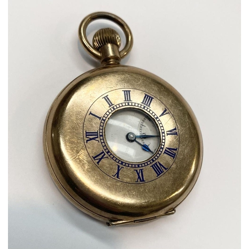 141 - A HALF HUNTING CASED GENTLEMANS POCKET WATCH, 17 jewels, unsigned enamel dial with black Roman numer... 