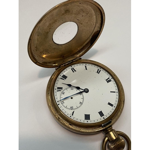 141 - A HALF HUNTING CASED GENTLEMANS POCKET WATCH, 17 jewels, unsigned enamel dial with black Roman numer... 