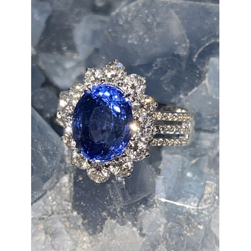 146 - A STATEMENT 18CT WHITE GOLD CEYLON SAPPHIRE AND DIAMOND CLUSTER RING, the natural oval shaped Ceylon... 