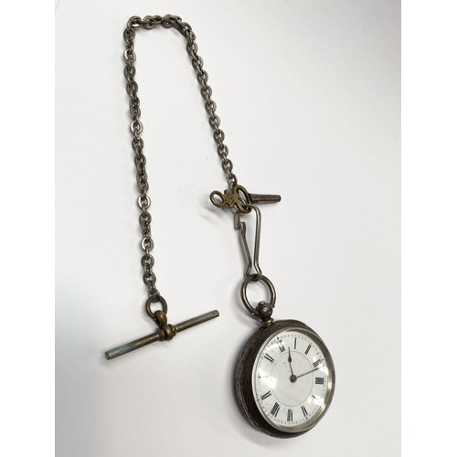 157 - A 19TH CENTURY SILVER LADIES FOB POCKET WATCH, white dial with roman numerals, engraved design surro... 