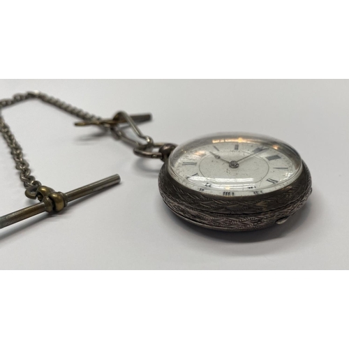 157 - A 19TH CENTURY SILVER LADIES FOB POCKET WATCH, white dial with roman numerals, engraved design surro... 